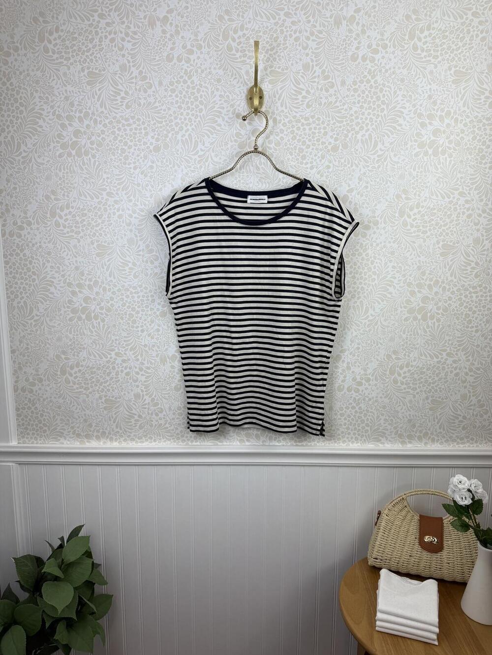 Armedangels Jilanna Navy and White Stripe Cap Sleeve T-Shirt - Size - Large